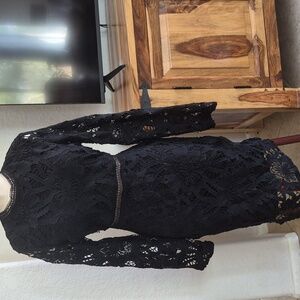 Eilly Bazar Embroidered Lace Overlay Long Sleeve Black Dress